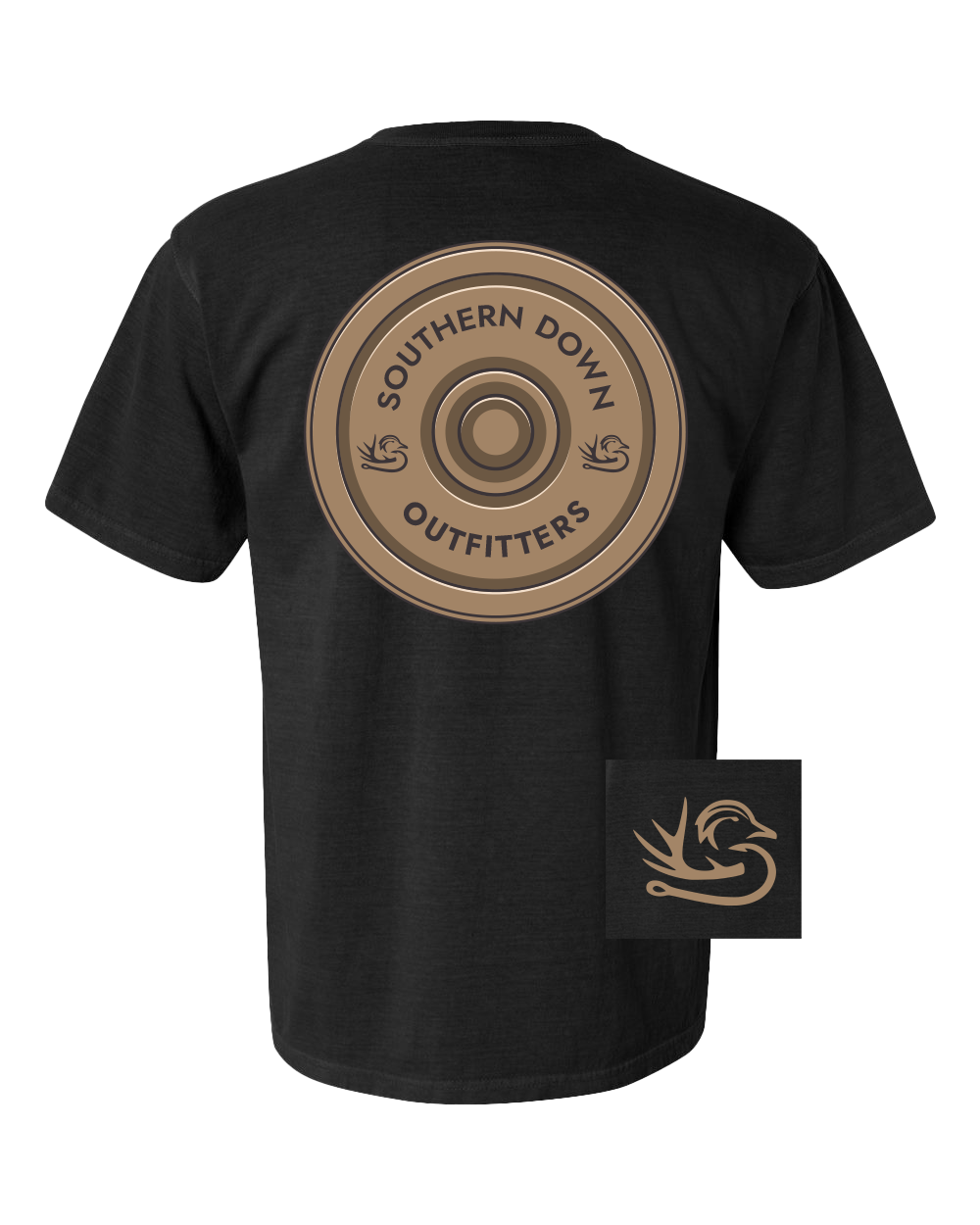 Black SDO Shotgun Shell Logo Tee featuring a shotgun shell graphic on the back and a small duck design on the front.