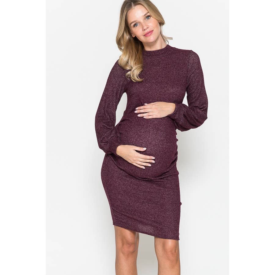 Story Teller - Maternity Mock Neck Puffed Long Sleeve Bodycon Dress