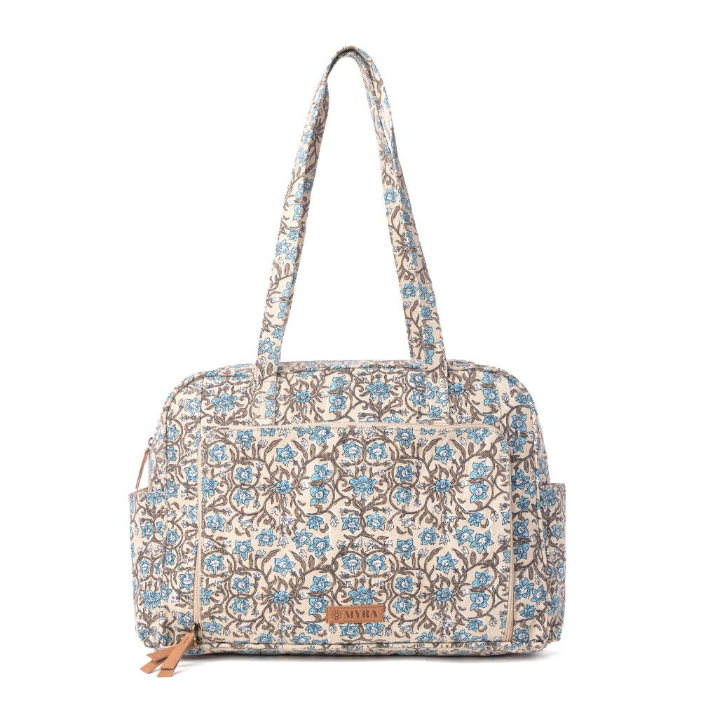 Vintage floral diaper bag in dusty teal with spacious main compartment and structured shape for easy organization.