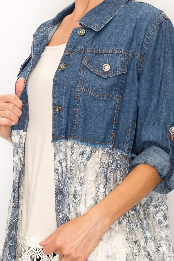 Origami Apparel ~  Lace and Crochet inspired - Chic Cropped Denim Lace Layer Jacket- 4510 DENIM/M GREY