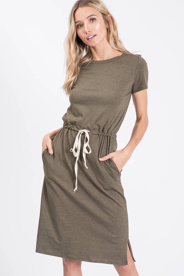 7th Ray - Everyday Drawstring Waist Side Pocket T-Shirt Dress D2465