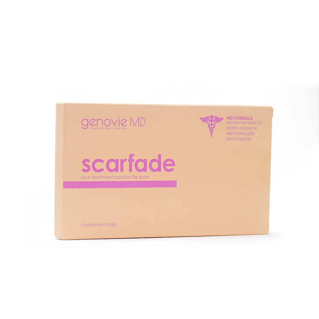 Rectangular box of Scarfade Scar Sheets with light orange background and pink text, containing 4 treatment strips for scars.