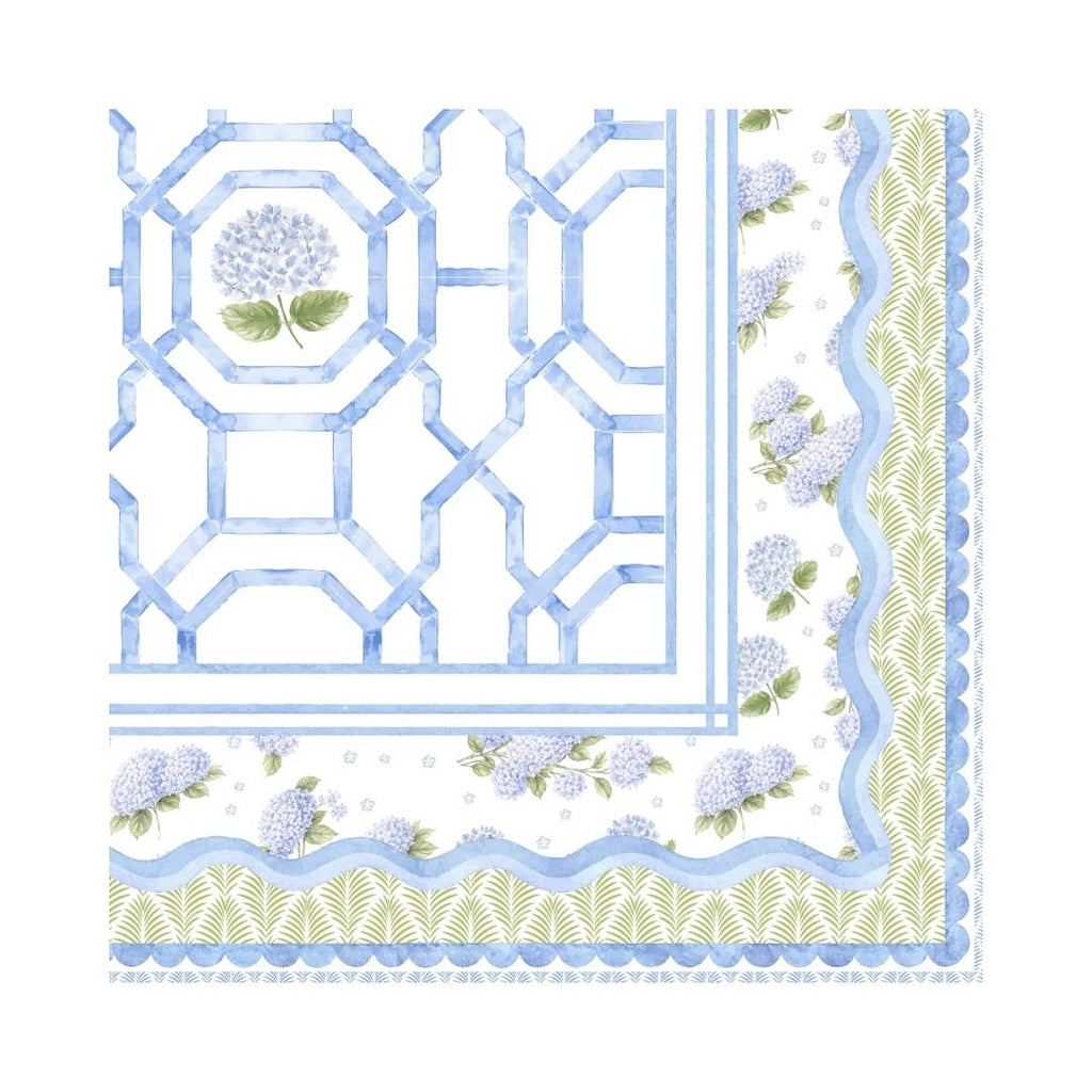 A Mahjong mat featuring soft blue florals and elegant lattice details with a scalloped edge, perfect for coastal-themed game nights.