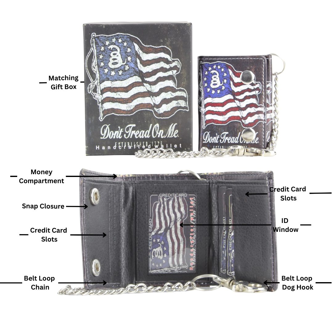 Leather Impressions Inc - Portefeuille chaîne en cuir vegan Don't Tread On Me avec coffret cadeau