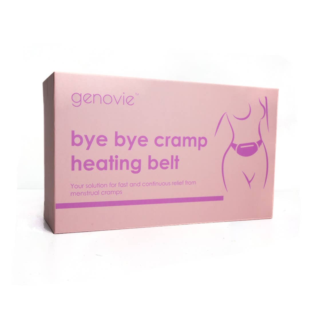 Bye Bye Cramps Heating Belt in a pink box, designed for targeted relief from menstrual cramps.