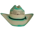 Turquoise cowboy hat with a cattleman shape, wide brim, and black leather band, perfect for western style and sun protection.