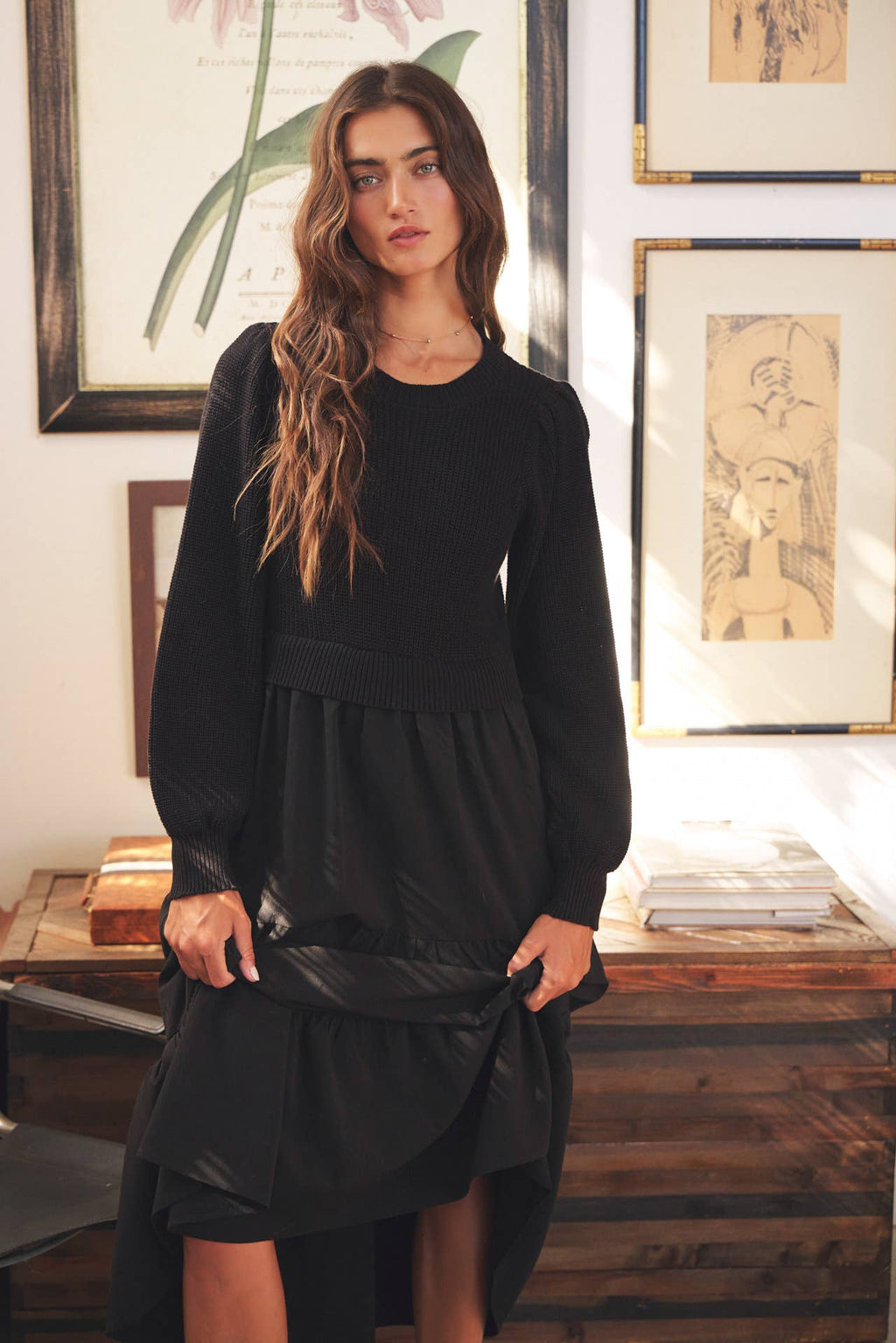 in february - SPECIAL MIXED MEDIA SWEATER MIDI DRESS WITH TIERED RUFFLES