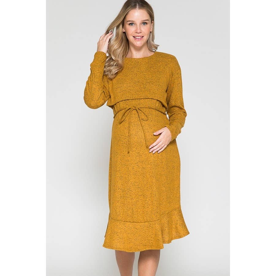 Story Teller - Maternity Waist Tie Wrap Ruffle Hem Knee Length Rib Dress