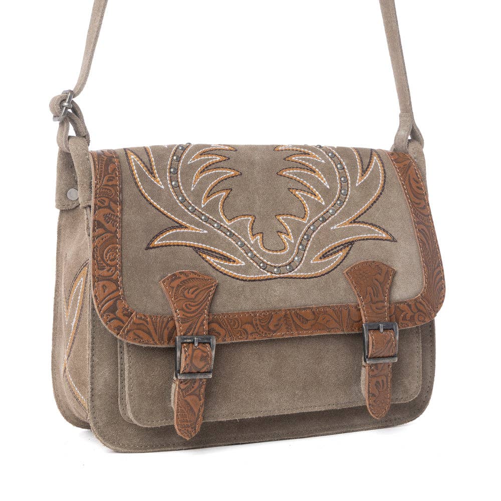 Amberwood Suede Embroidered Bag in olive taupe featuring western-style embroidery, embossed detailing, and decorative buckles.