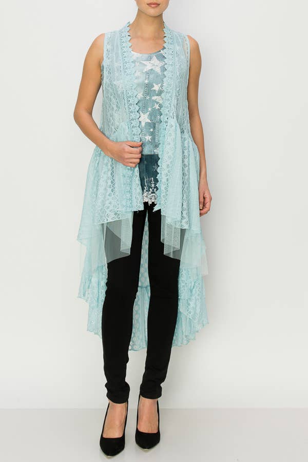 Origami Apparel ~  Lace and Crochet inspired - Flowy High-Low Lace Boho Duster Vest-U013 BLUE