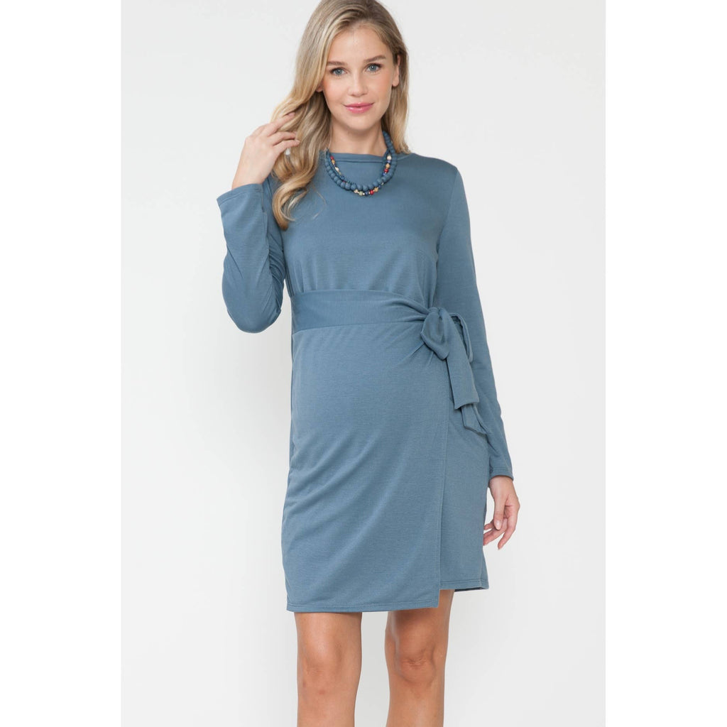 Story Teller - Maternity Pink or Blue Waist Tie French Terry Dress