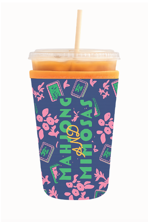 Colorful iced coffee sleeve with floral pattern and 'MAHJONG AND MIMOSAS' text, designed for standard coffee cups.