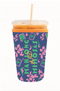 Colorful iced coffee sleeve with floral pattern and 'MAHJONG AND MIMOSAS' text, designed for standard coffee cups.
