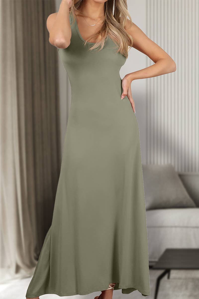 SLEEVELESS V-neck SOLID COLOR KNITTED LONG DRESS