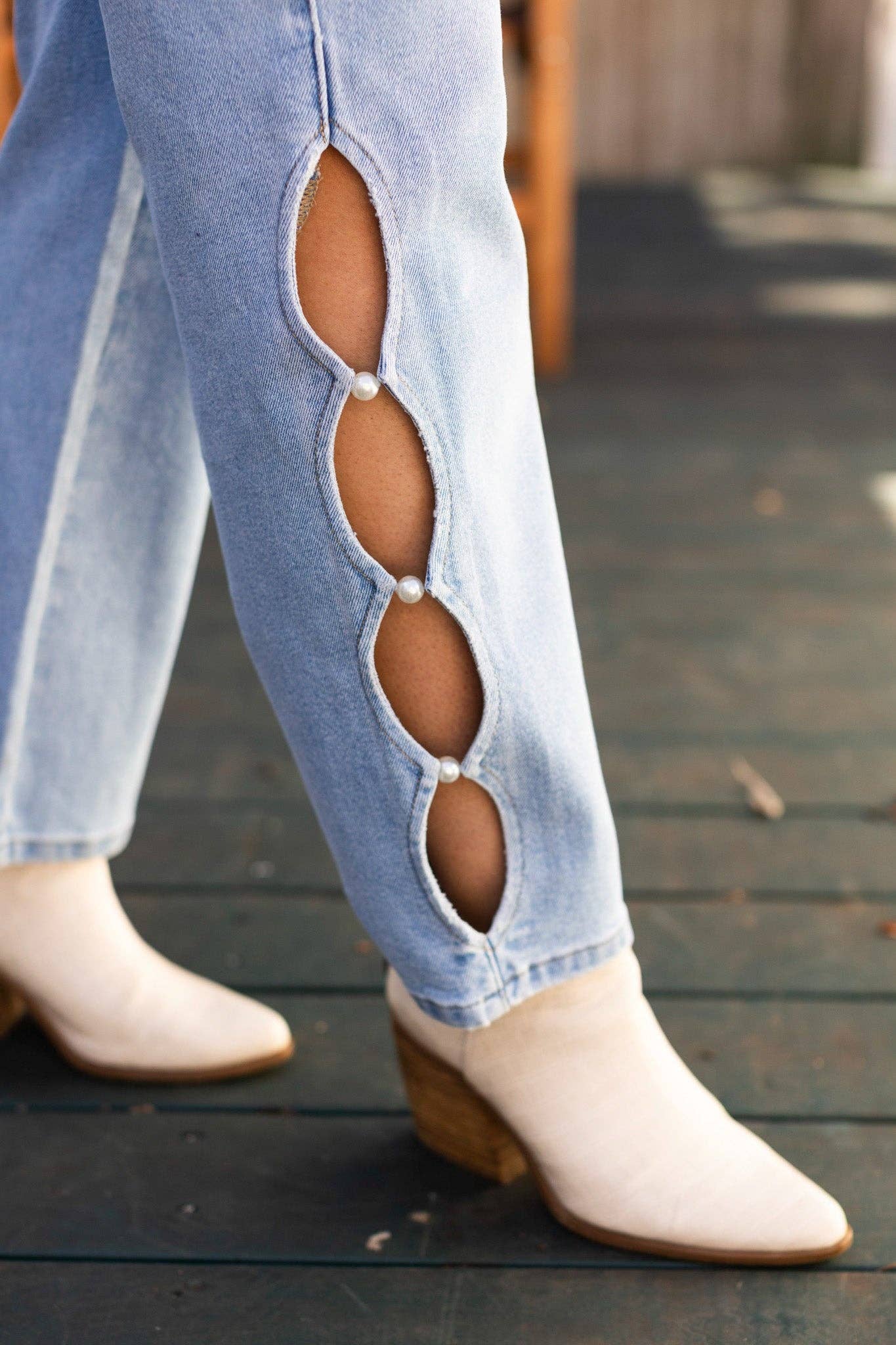 GRACE+EMMA by Southern Grace - The Eli Light Wash Straight Leg Jean with Scalloped Cutouts