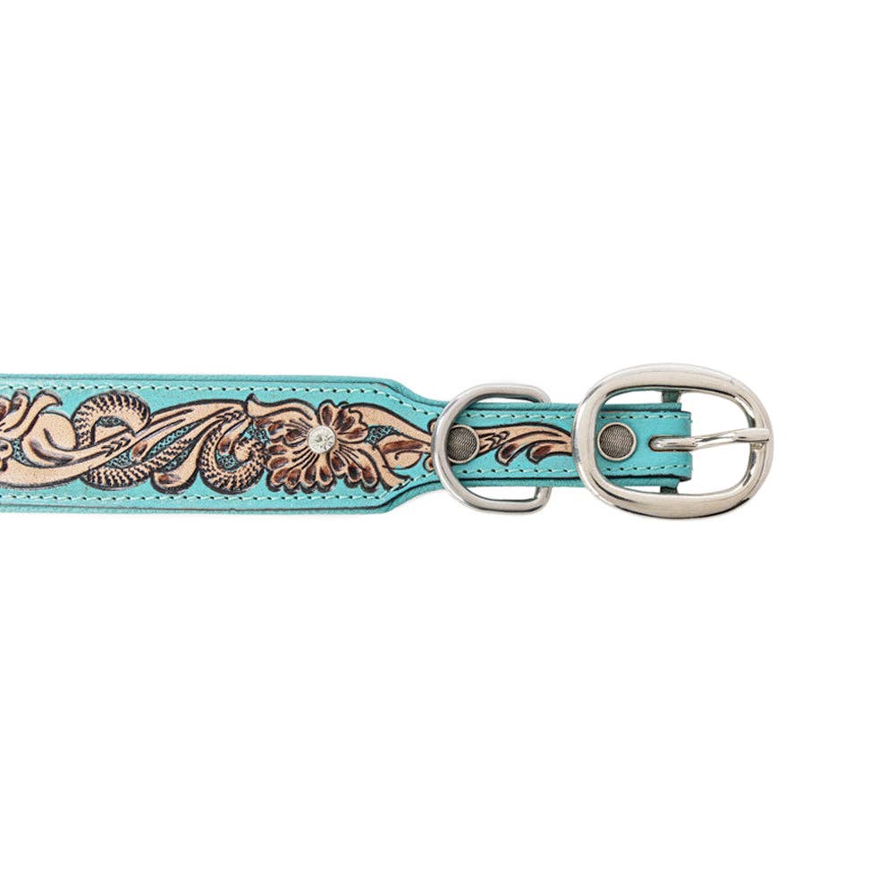 Turquoise leather dog collar featuring hand-tooled floral designs and sparkling crystal accents.