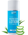 Blue container of Magnum Solace Magnesium Lotion with silver cap, featuring aloe vera leaves and slices.