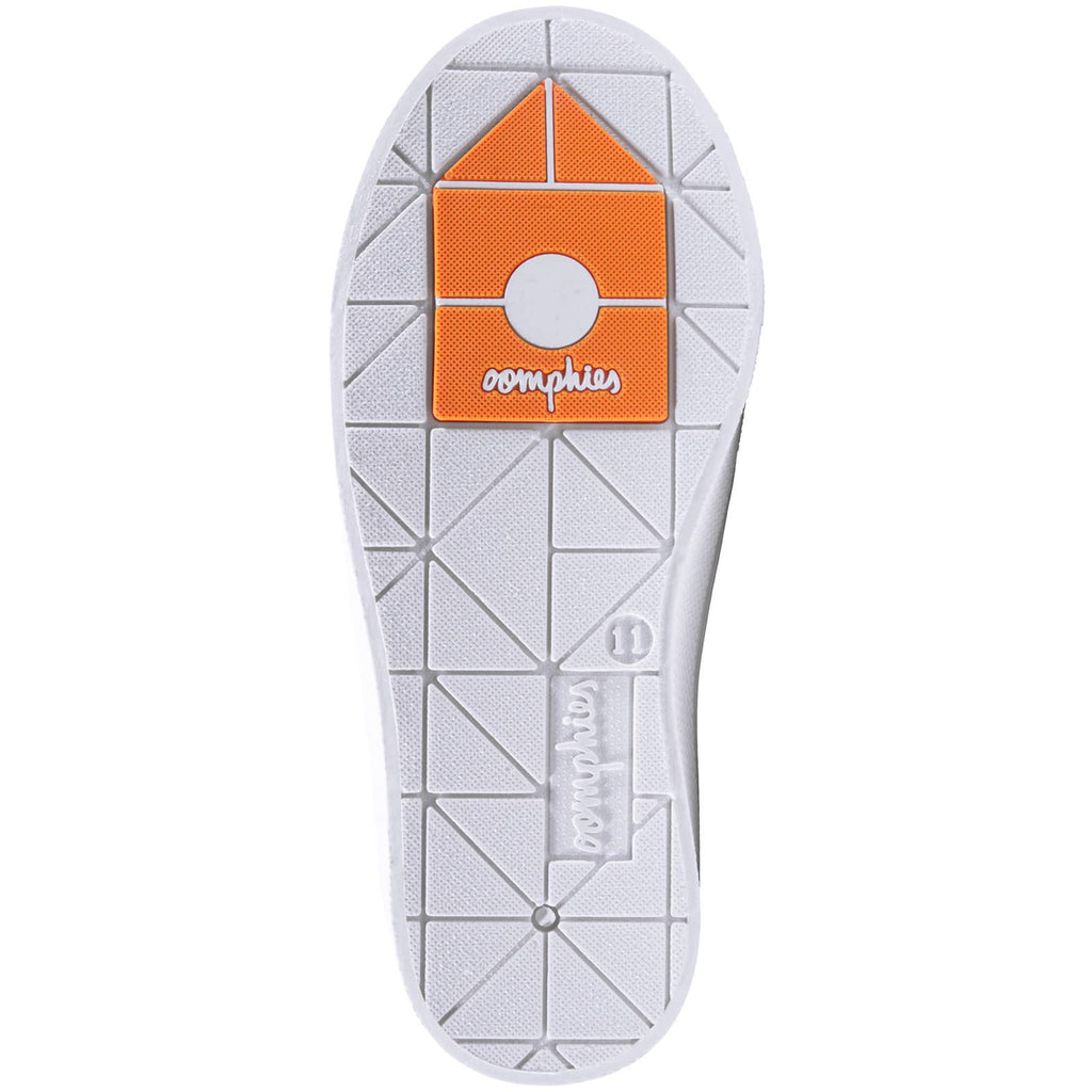 Sole of a stylish high-top sneaker with textured pattern and orange accent, featuring the brand name 'oomphies'.