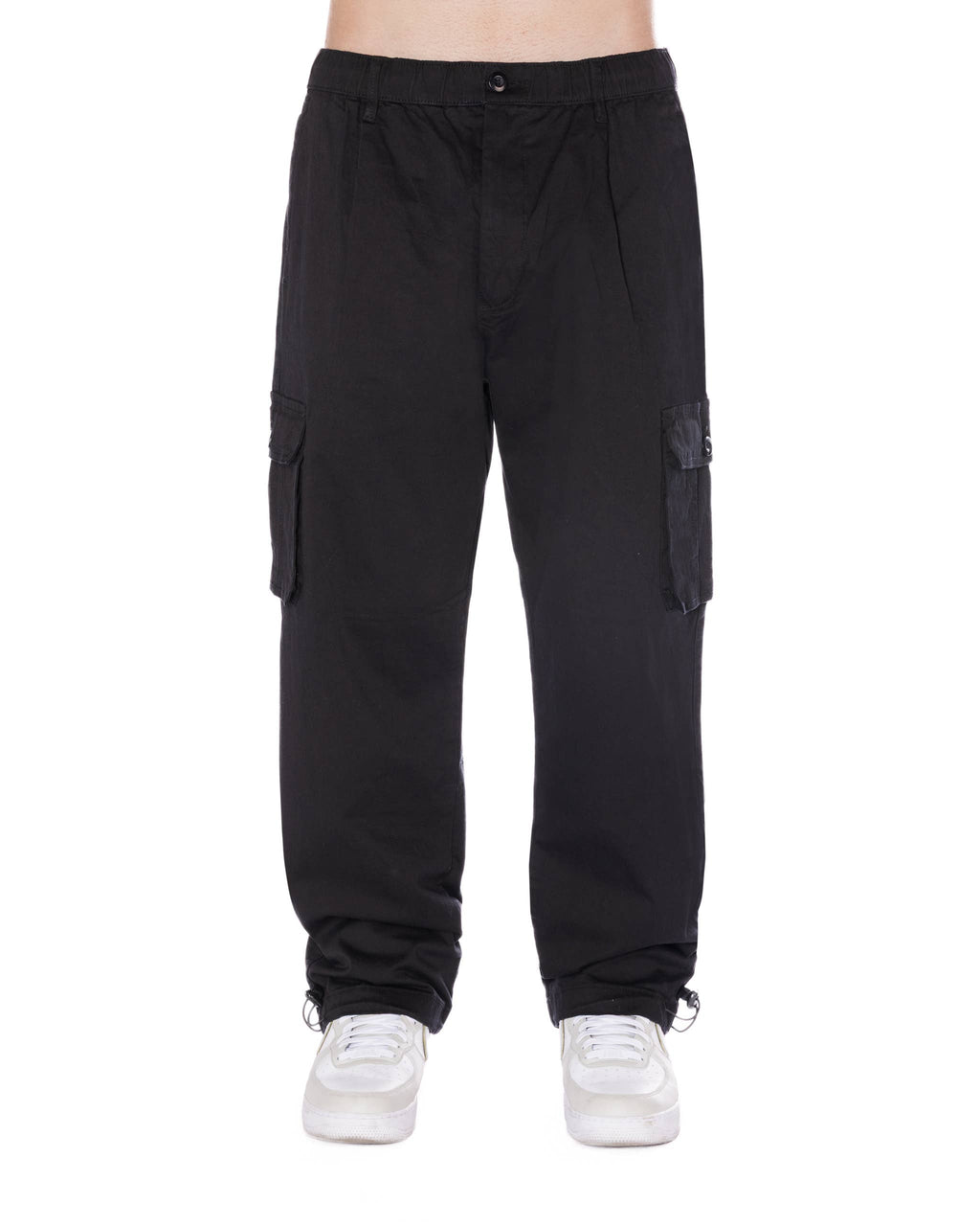 Relaxed-fit black cargo pants featuring an elastic waistband with a drawstring and side cargo pockets for added convenience.