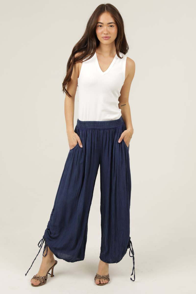 ANGIE - B3710-ASIS SIDE CINCH WIDE LEG PANTS WITH SMOCKED WAIST AND