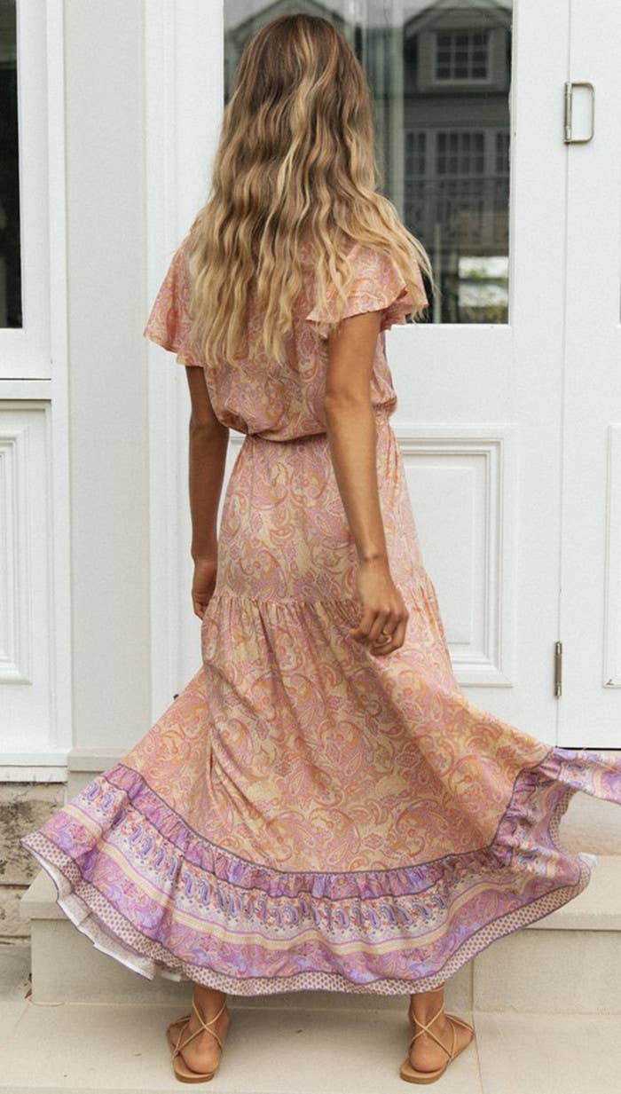 Rosa Clothing - Bohemia Border Print Flutter Sleeve Maxi Dress