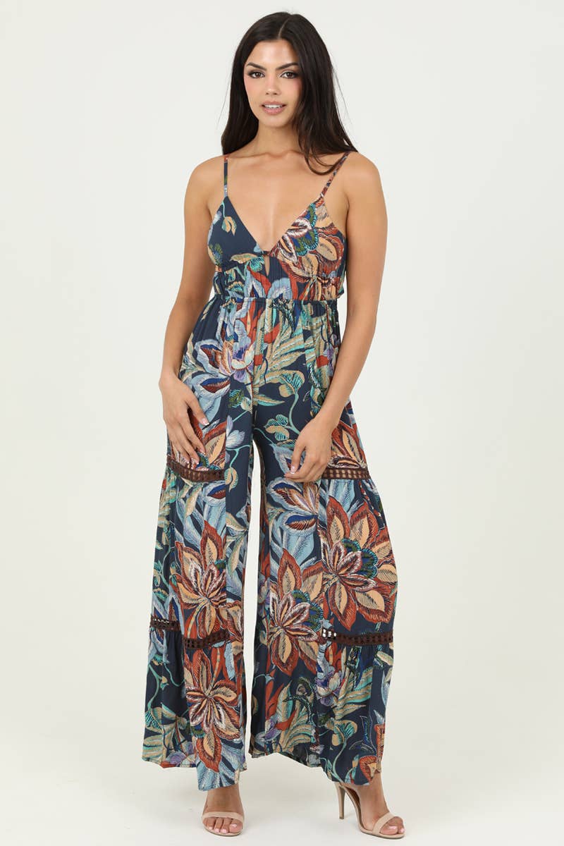 ANGIE - B5A99-FQ60 V NECK OPEN TIE BACK WIDE LEG WITH LACE INSET JUM