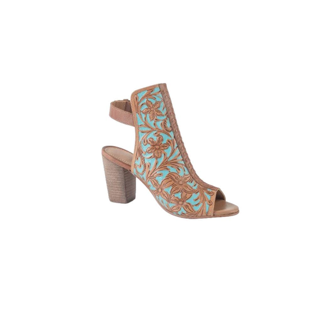 Floral-embossed tan and turquoise heel shoes with an open toe, chunky heel, and ankle strap for a secure fit.