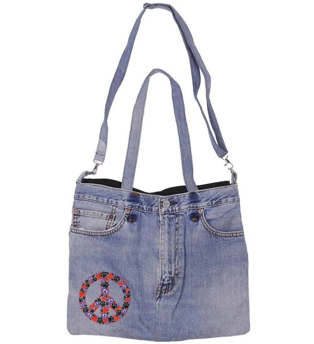 Sunshine Joy - Unique Denim Jean Shoulder Hand Upcycled Bag Peace Love Paws