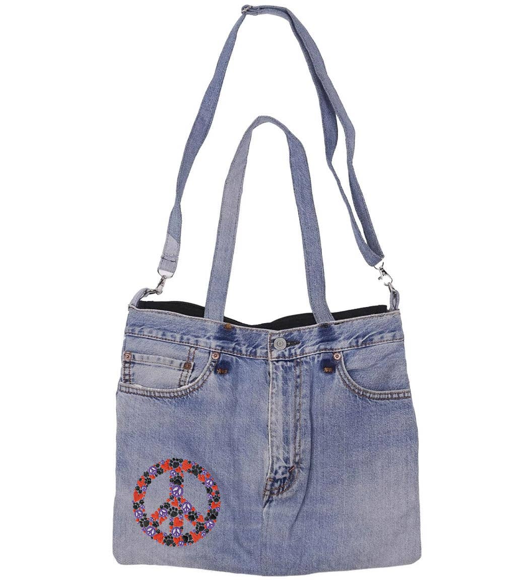Sunshine Joy - Unique Denim Jean Shoulder Hand Upcycled Bag Peace Love Paws