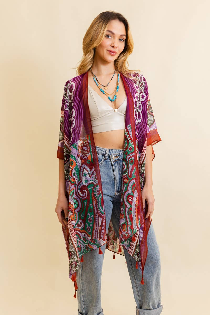 Paisley Print Open Front Kimono w/ Cinched Arms
