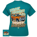 Teal Dodgin' Potholes Tee featuring a vintage Silverado truck design with leopard background and playful text.