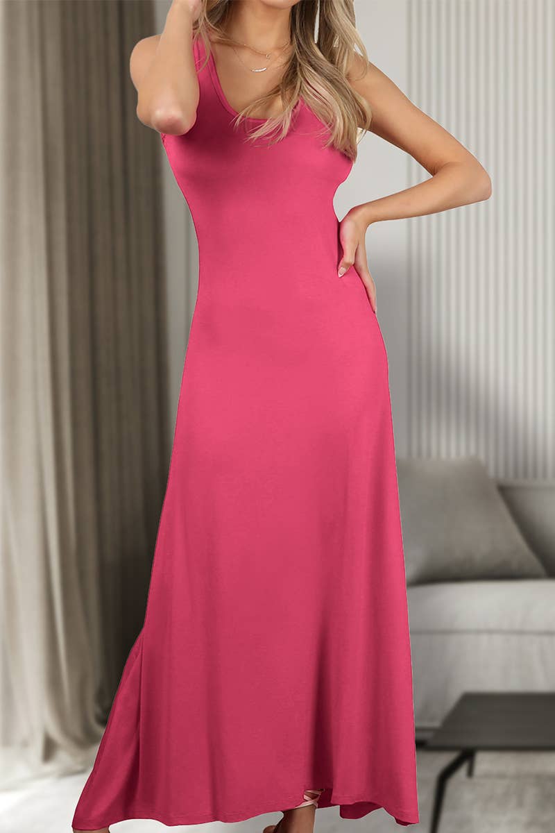 SLEEVELESS V-neck SOLID COLOR KNITTED LONG DRESS