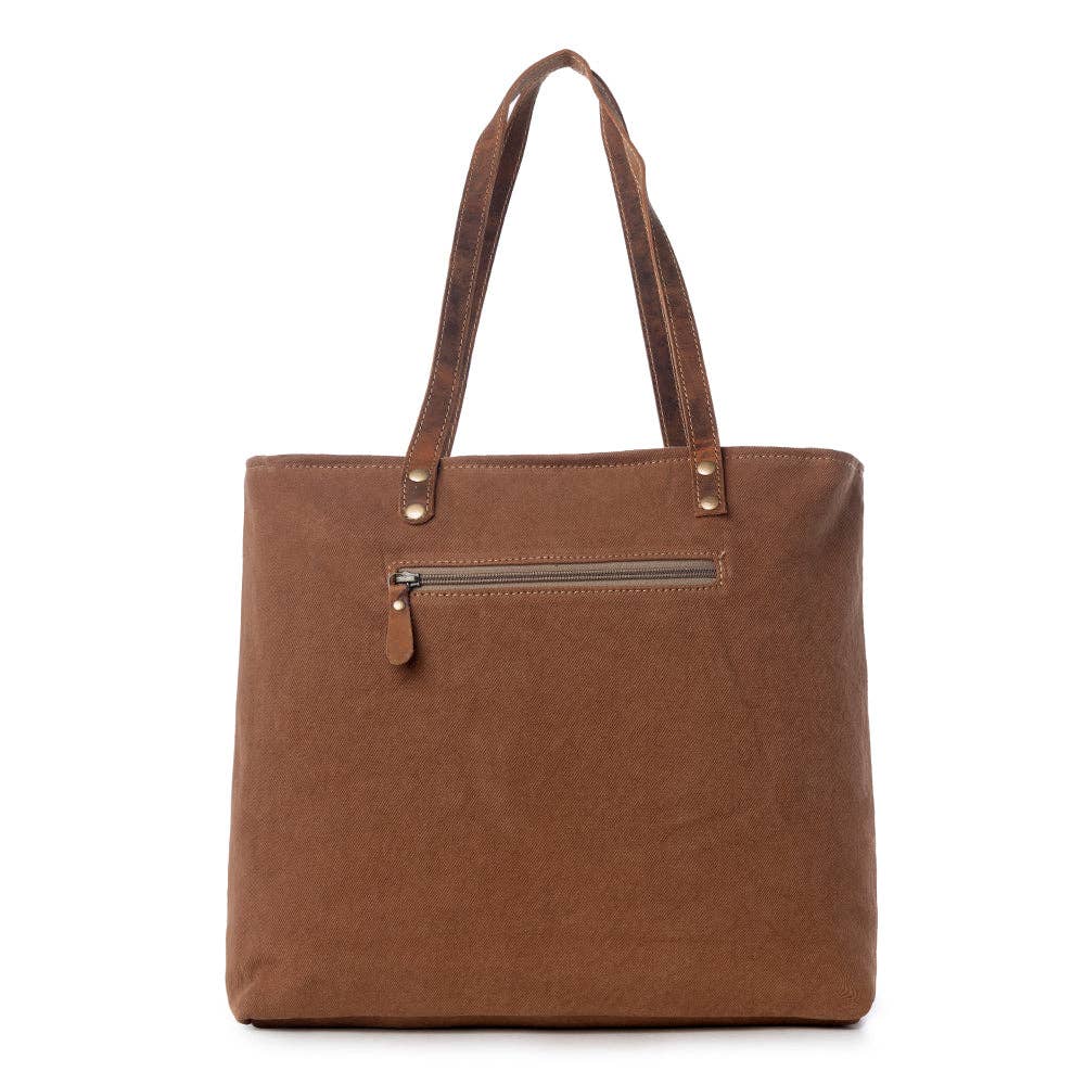 Large brown handbag with a zippered front pocket and two shoulder straps, featuring a simple design and soft texture.