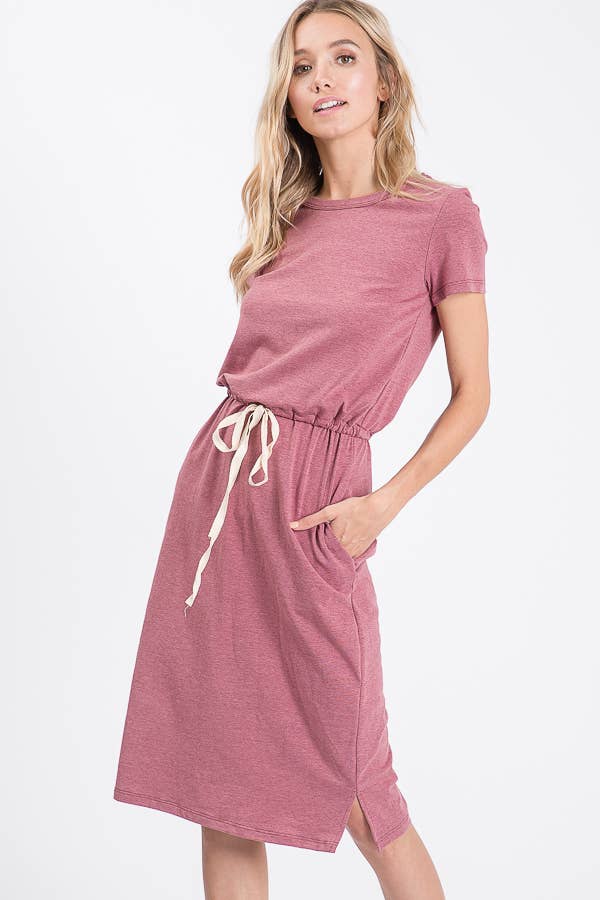 7th Ray - Everyday Drawstring Waist Side Pocket T-Shirt Dress D2465