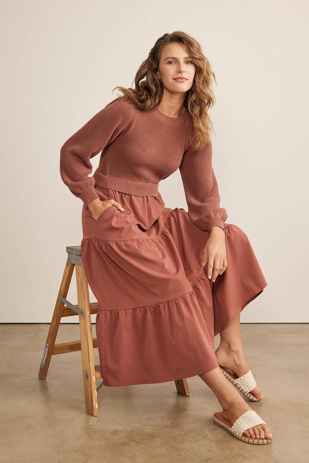 in february - SPECIAL MIXED MEDIA SWEATER MIDI DRESS WITH TIERED RUFFLES