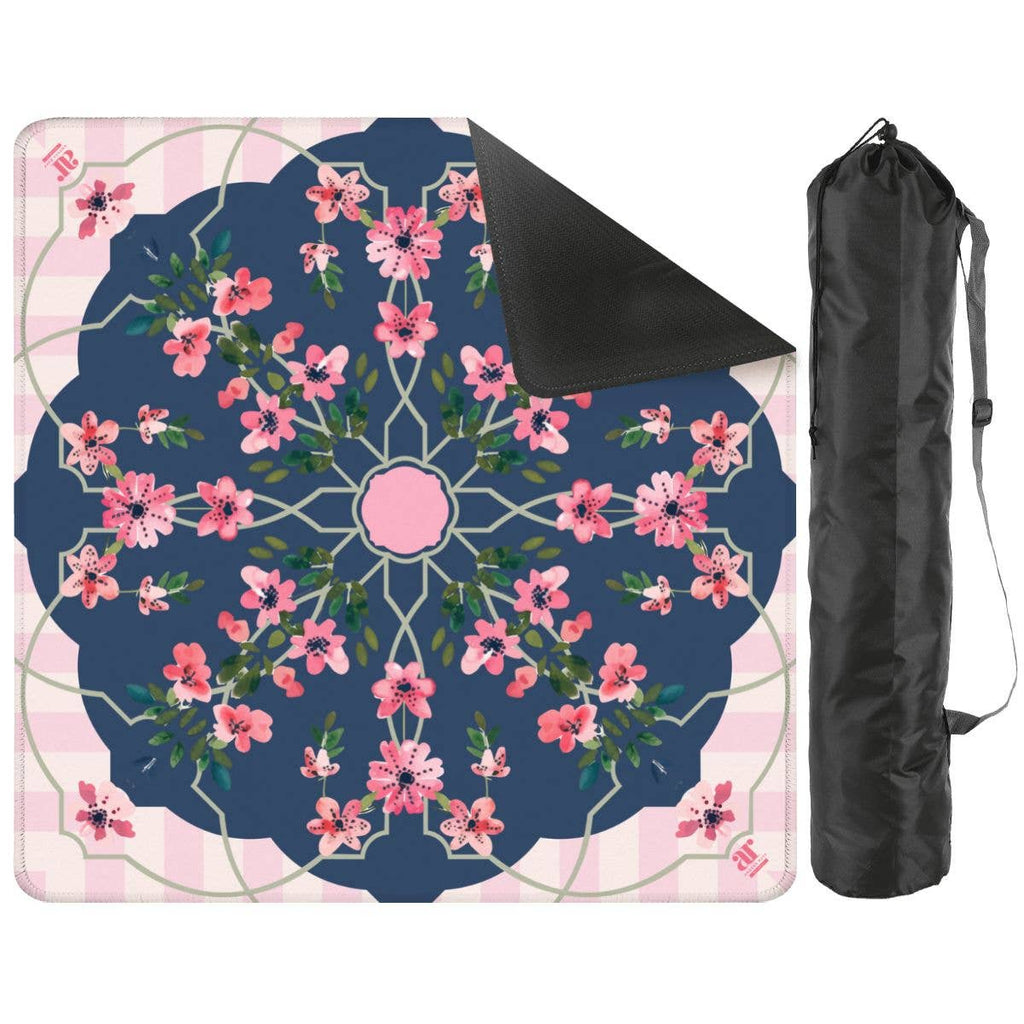 Floral Mahjong mat featuring pink flowers on a dark blue background with a trellis pattern and light pink stripes, includes carrying bag.