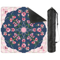 Floral Mahjong mat featuring pink flowers on a dark blue background with a trellis pattern and light pink stripes, includes carrying bag.