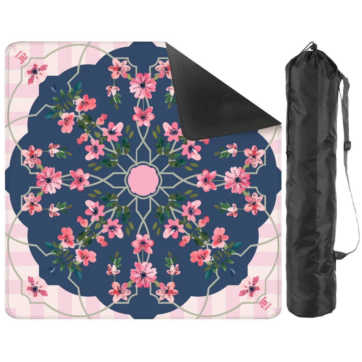 Floral Mahjong mat featuring pink flowers on a dark blue background with a trellis pattern and light pink stripes, includes carrying bag.