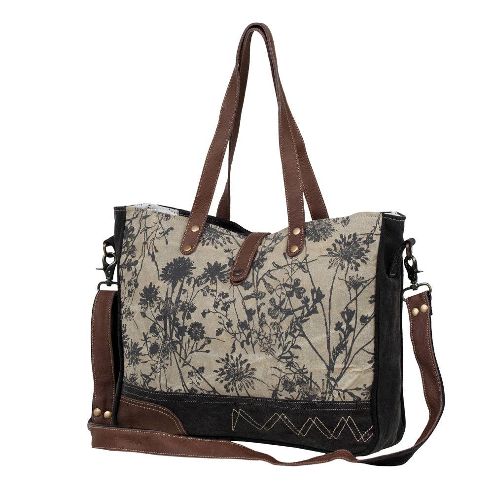 Floral-print messenger bag featuring multiple pockets, two handles, and a detachable shoulder strap for versatile carrying.
