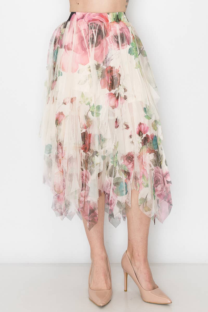 Origami Apparel ~  Lace and Crochet inspired - Dreamy Tiered Tulle Midi Skirt With Floaty Hem - 4546 BG/BIG ROSE
