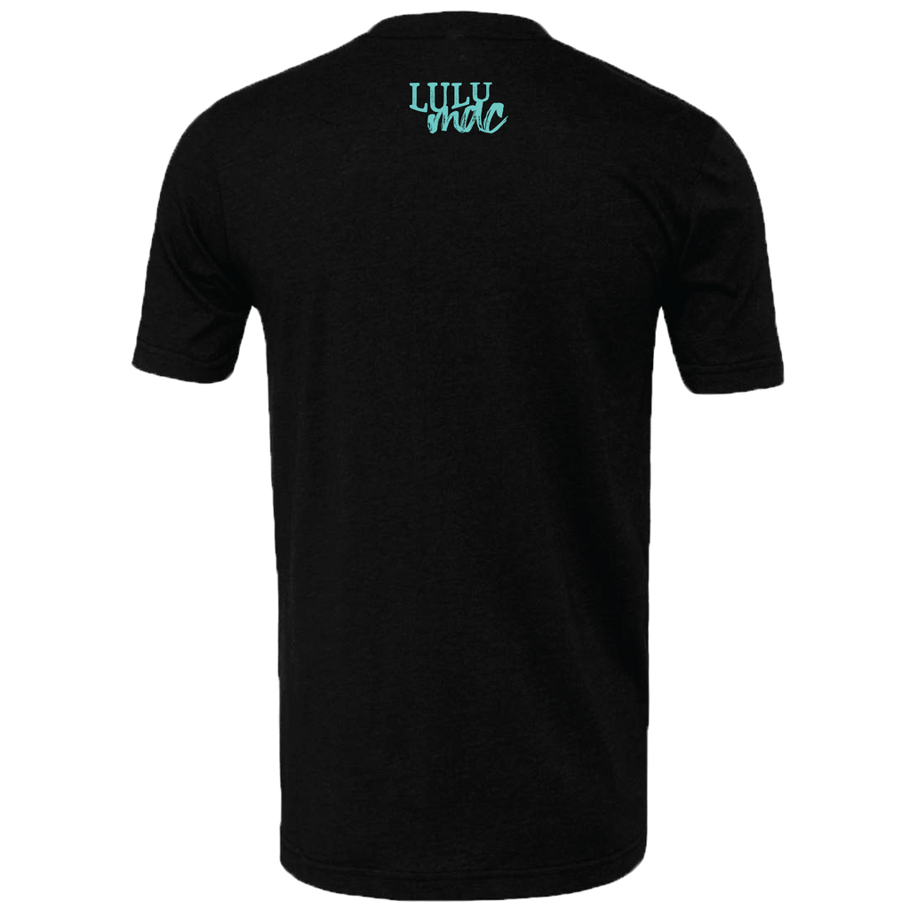 Black short sleeve tee featuring a light-colored graphic design with 'LULU MAC' text on the back. Perfect for casual wear.
