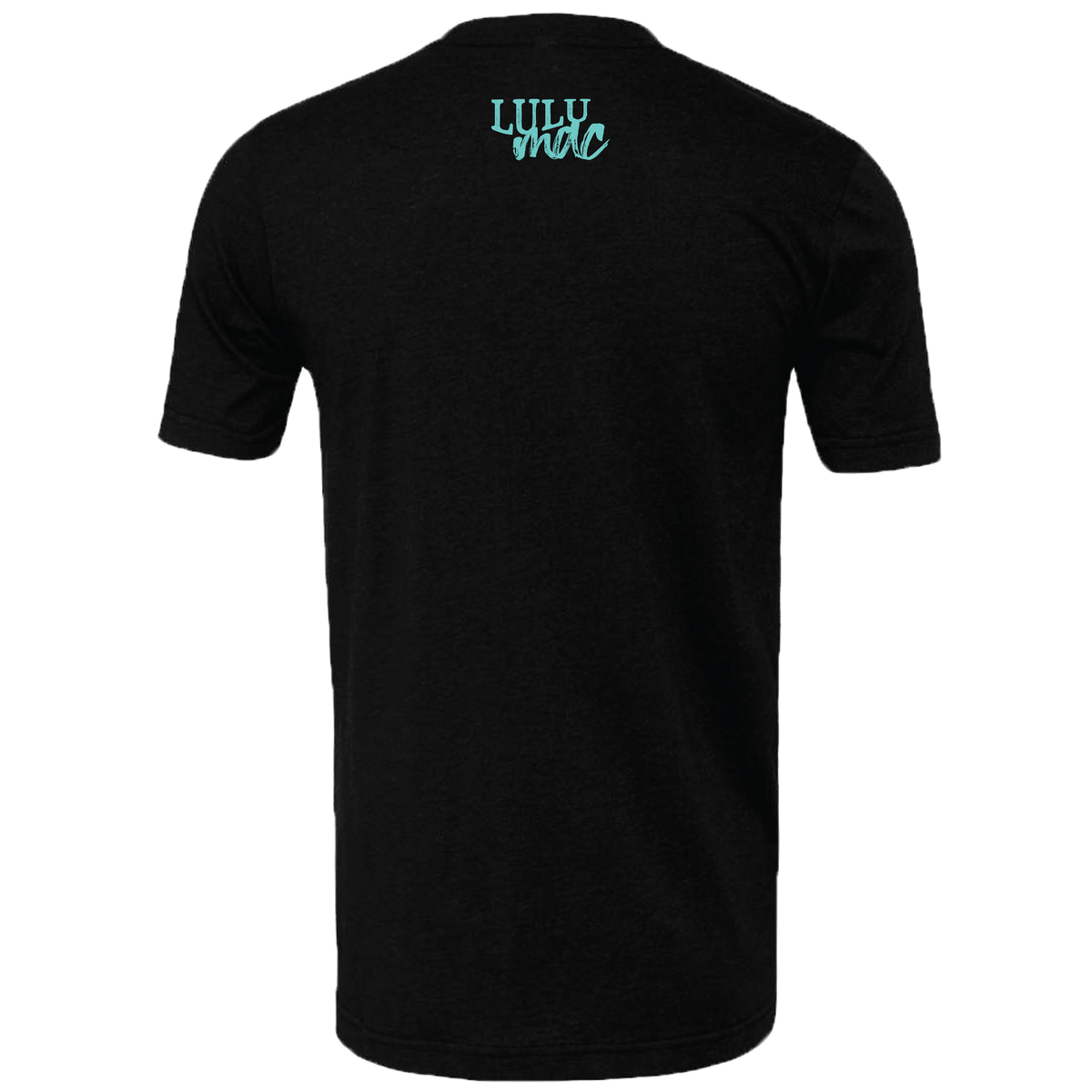 Black short sleeve tee featuring a light-colored graphic design with 'LULU MAC' text on the back. Perfect for casual wear.