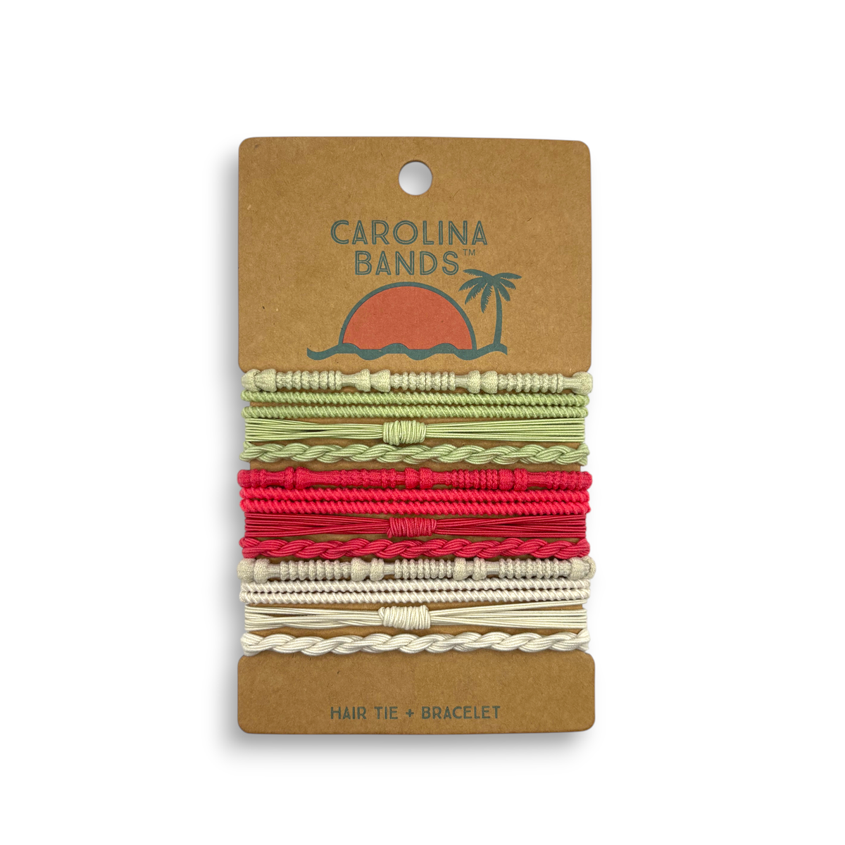 A set of braided and twisted hair tie bracelets in green, red, and beige, perfect for everyday use.
