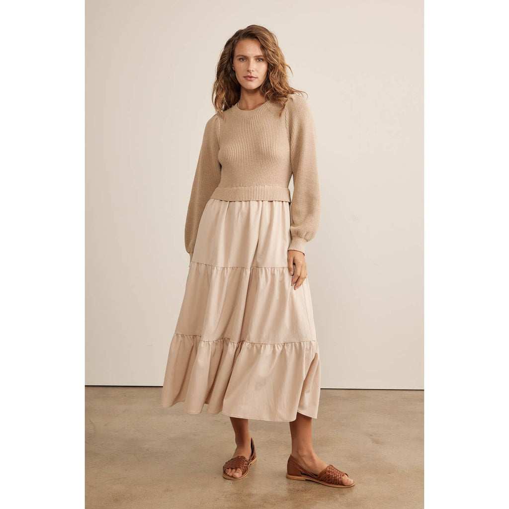in february - SPECIAL MIXED MEDIA SWEATER MIDI DRESS WITH TIERED RUFFLES