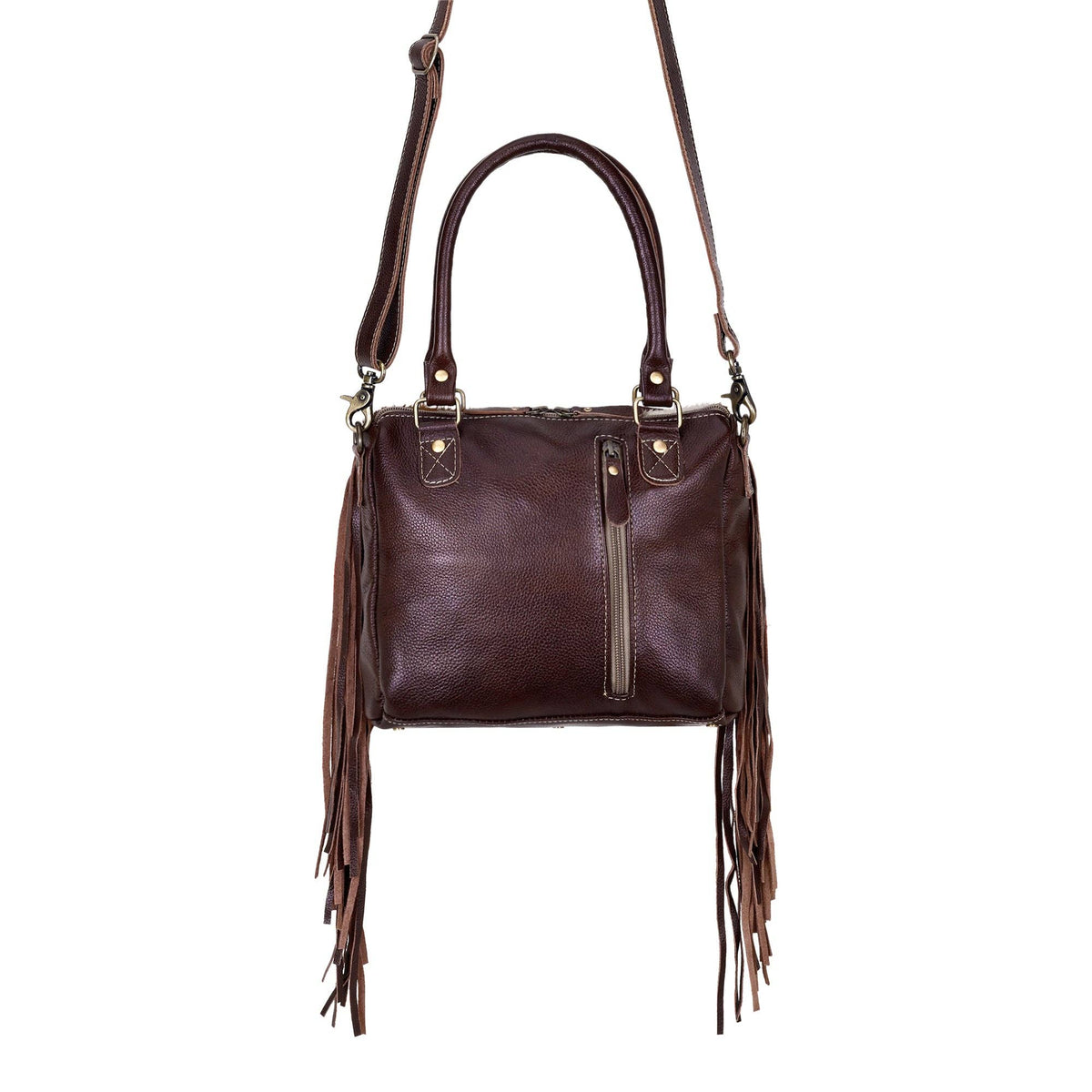 Chic brown handbag with fringe detailing, featuring two adaptable straps for versatile carrying options.