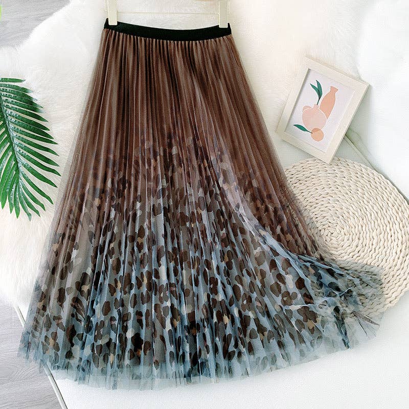 Brown pleated mesh skirt with a chic leopard print hem, featuring an elastic waistband and midcalf length.