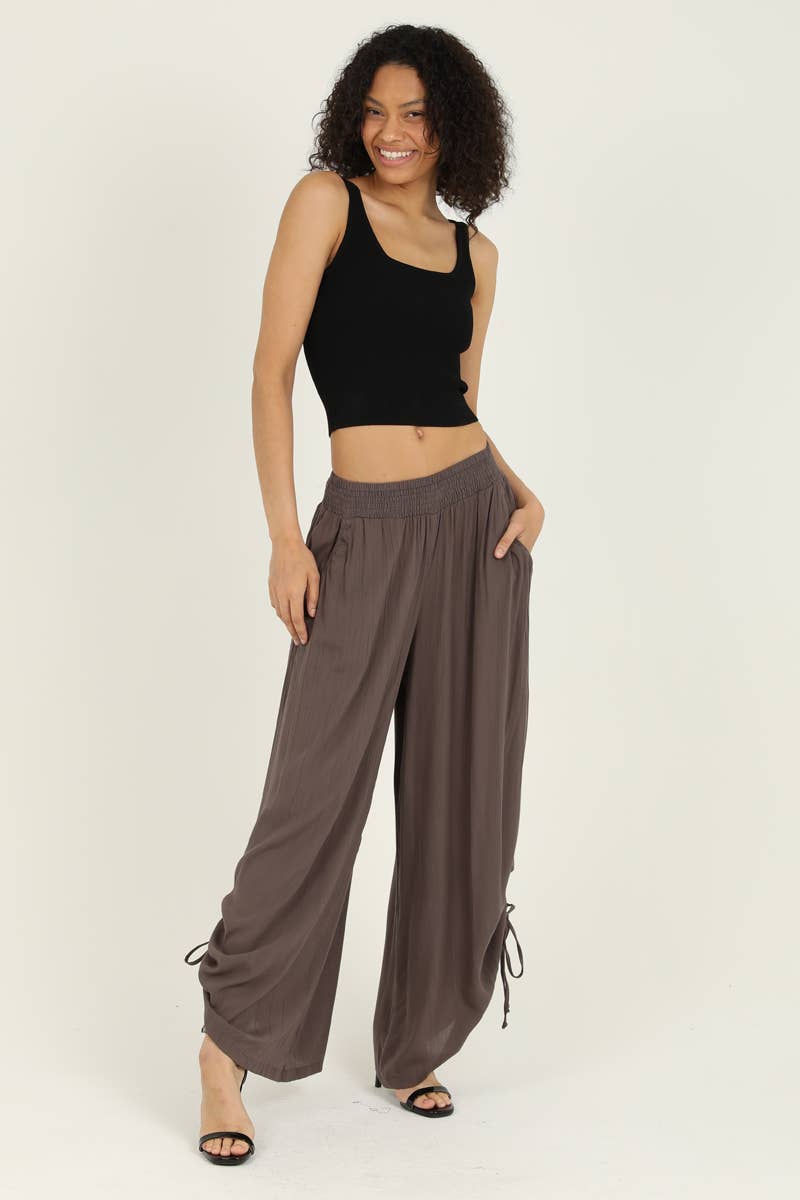 ANGIE - B3710-ASIS SIDE CINCH WIDE LEG PANTS WITH SMOCKED WAIST AND