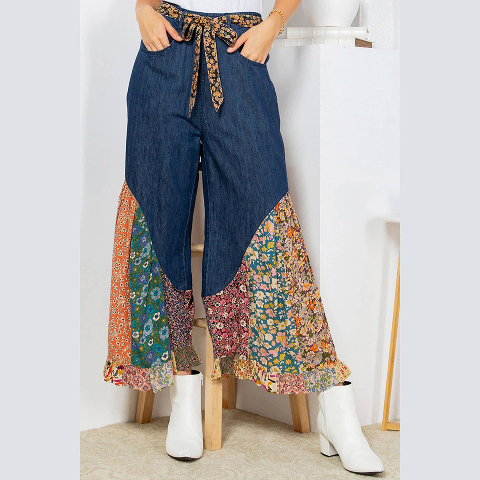Young Threads - Boho Flare: Overdyed Denim Bellbottom Pants with Printed