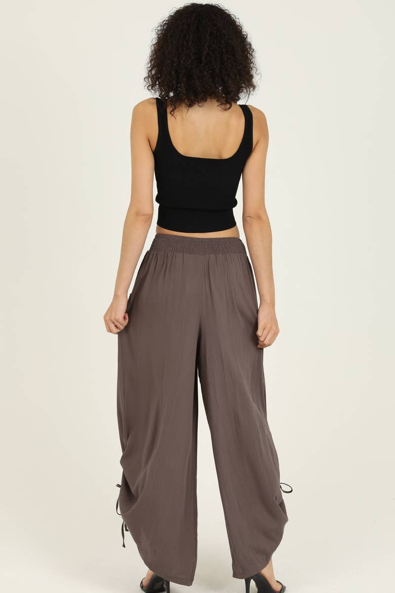 ANGIE - B3710-ASIS SIDE CINCH WIDE LEG PANTS WITH SMOCKED WAIST AND