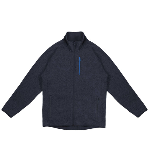 Full-zip jacket in dark shade with convertible collar, raglan sleeves, and zippered pockets for secure storage.